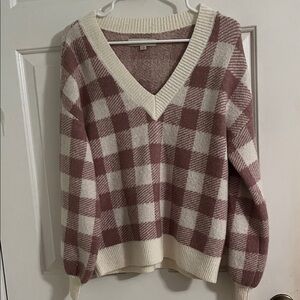 LOFT V-Neck Plaid Sweater - Pink and Cream